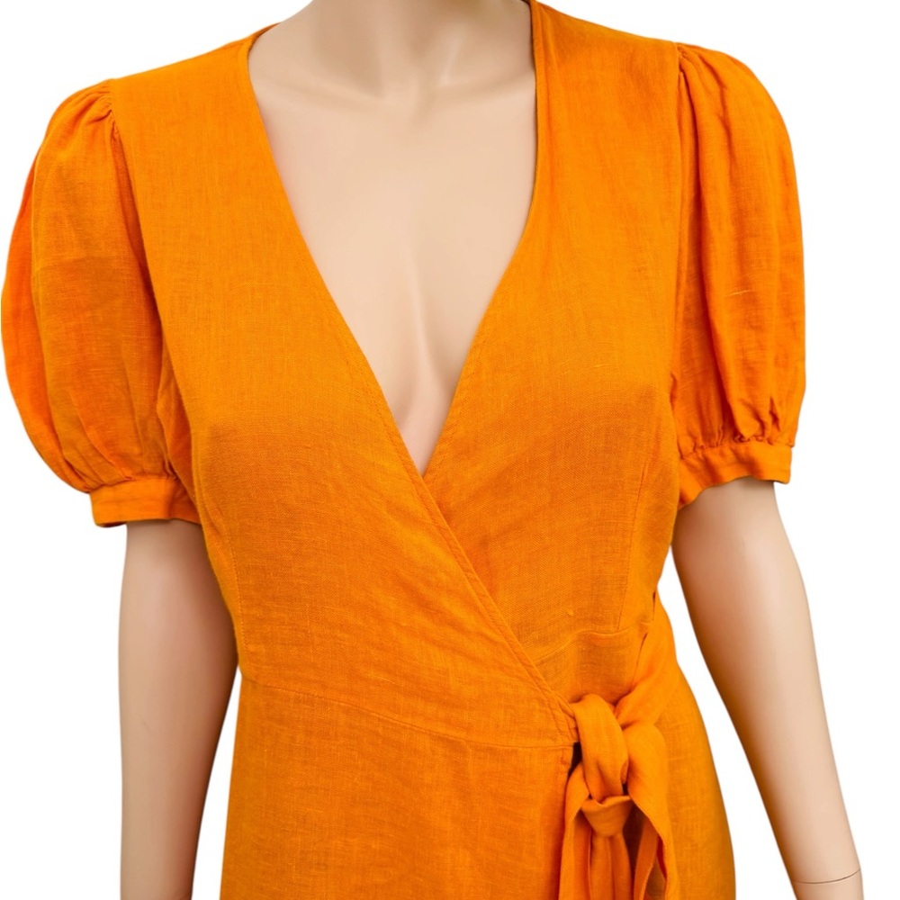 Zara 100% Linen Orange Wrap Dress Puff Sleeve Tie Waist Women’s Medium Portugal - Picture 7 of 12